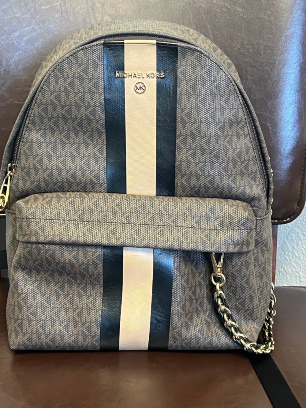Michael Kors Brown Logo Backpack with Black & Cream Stripes